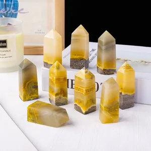 Bumblebee Jasper Crystal Point Natural Striped Healing Stone Hexagonal Single Point Wand Office Home Decor Ornament Gift
