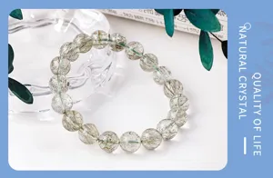 Natural green rutilated quartz crystal gemstone beaded bracelet detail showcase display
