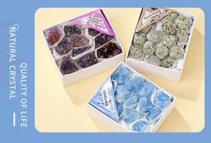 Natural crystal mineral specimen gift box set, featuring raw amethyst, pyrite, and blue calcite.