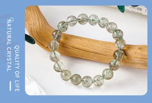 Natural Green Rutilated Quartz Crystal Round Bead Bracelet Gemstone Jewelry for Women and Men