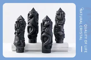 Ornamento di pilastro intagliato di drago di cristallo shungite naturale, decoro feng shui.