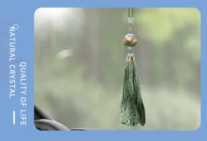 Natural crystal ball car hanging ornament with green tassel for rear view mirror decor