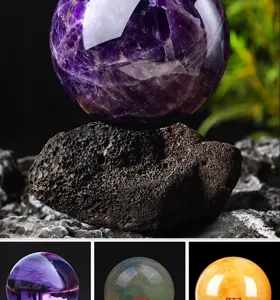 Sfera di cristallo di ametista naturale con base in pietra lavica decorazione casa.