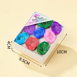 Colorful Aura Quartz Geode Mineral Specimen Gift Box Crystal Stone Decor Set 10x8.5x4cm