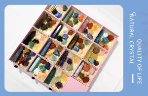 Natural crystal raw stone set gift box with hexagonal pillars and tumbled stones for healing.
