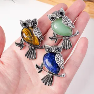 Vintage Natural Crystal Stone Owl Pendant Necklace Retro Alloy Animal Owl Sweater Chain For Women Healing Gemstone Jewelry