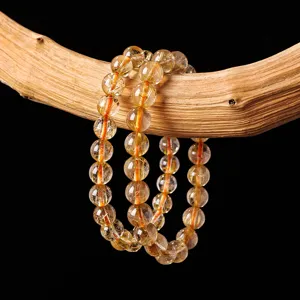 Natural Gold Rutilated Quartz Bracelet For Men Women Healing Crystal Beads Bracelet Golden Titanium Hair Quartz Stretch Bracelet Jewelry