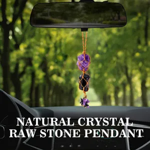 Pendaglio da Auto in Pietra Grezza di Cristallo Naturale Ciondolo a Rete Intrecciato a Mano Ametista Quarzo Specchietto Retrovisore Decorazioni Casa