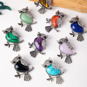 Vintage silver owl pendant necklace with colorful natural crystal stone charm fashion jewelry wholesale