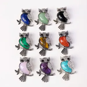 Natural Crystal Stone Owl Pendant Vintage Alloy Sweater Chain Fashion Jewelry Sale