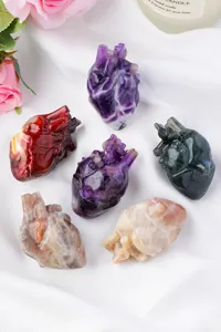Natural crystal carved heart ornament, human organ model for home decor and Halloween.