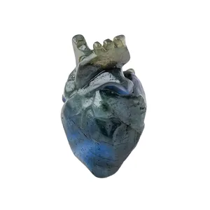 Natural labradorite crystal anatomical heart carving desktop ornament for home decor.