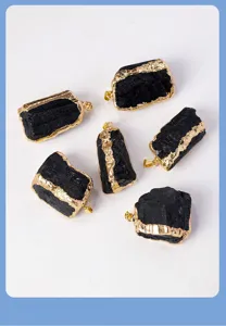 Natural black tourmaline raw stone gold-plated pendants, irregular crystal jewelry making.