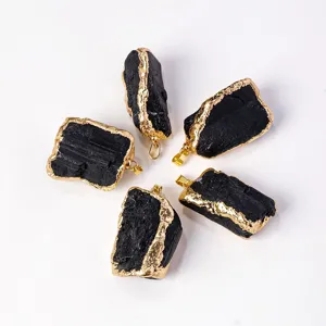 Natural black tourmaline rough stone gilded pendant necklace fashion crystal jewelry wholesale.