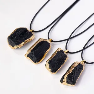 Natural black tourmaline rough stone gilded pendant necklace with leather cord jewelry