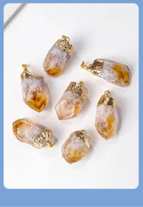 Natuurlijke citrien ruwe steen tand hanger met vergulde rand voor ketting sieraden.