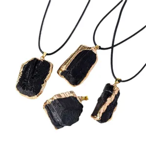 Natural black tourmaline raw stone gold gilt pendant crystal irregular leather cord necklace