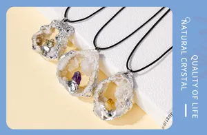 Natural crystal raw stone agate geode pendant silver plated stone necklace detail display.