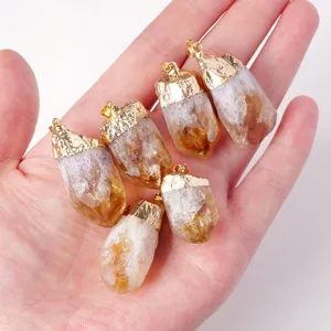 Natuurlijke Citrien Ruwe Steen Hanger Ketting Voor Mannen Vrouwen Onregelmatige Kristallen Tand Vergulde Rand Trui Ketting Sieraden