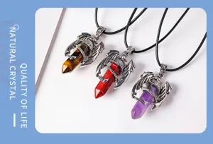 Natural crystal hexagonal pillar flying dragon pendant necklace vintage gothic style jewelry