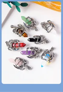 Detailed view of natural crystal double-ended hex column dragon claw pendant in various vibrant colors.