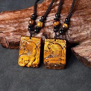 Pendentif en œil de tigre naturel sculpté dragon et tigre collier pierre précieuse