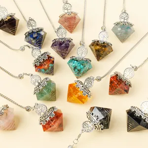 Harz Kristallsplitter Sechseckige Säule Pendel Anhänger Mit Metallkette Legierung Lebensbaum Geometrischer Schmuck Geschenk Für Damen Herren