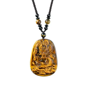Collier Pendentif Dragon Singe en Pierre d Oeil de Tigre Naturelle Sculpté à la Main Amulette de Cristal de Chance pour Hommes Femmes
