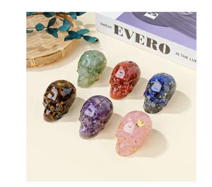 Crystal crushed stone resin skull figurine, gothic home Halloween decor, multi-color.