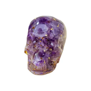 Crystal resin skull ornament gothic Halloween decoration with gold flakes, purple crystal head.