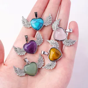Natural Crystal Angel Wings Heart Pendant Necklace For Women Alloy Inlaid Rose Quartz Amethyst Stone Jewelry Accessory Gift