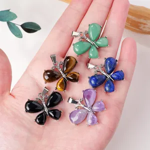 Natuurlijke Kristallen Vlinder Hanger Halsketting Voor Vrouwen Legering Ingelegd Halfedelsteen Dierlijke Sieraden Cadeau Met Zwarte Leren Koord