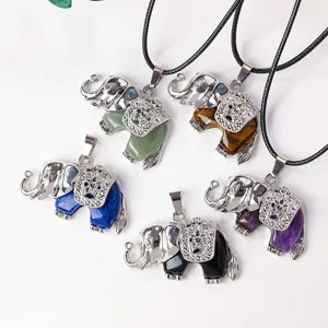 Natürlicher Kristall Elefant Anhänger Halskette Für Damen Legierung Strass Eingelegter Tier Heilstein Pullover Kette Schmuck Geschenk