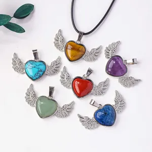 Crystal heart wing pendant necklace set, healing gemstone angel wings jewelry gifts.