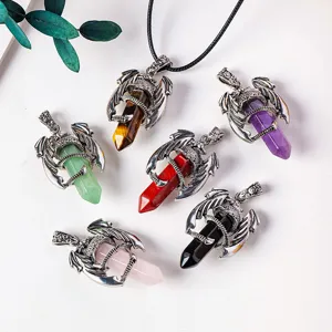Natural Crystal Hexagonal Pillar Flying Dragon Pendant Necklace Mythical Gothic Amethyst Rose Quartz Tigers Eye Stone Pendant Jewelry For Men Women