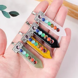 Natürlicher Kristall Achat Schwert Anhänger Kette Sieben Chakren Heilung Halbedelstein Sechseckiges Prisma Vintage Legierung Strass Anhänger Für Unisex Yoga Meditation Schmuck Geschenk