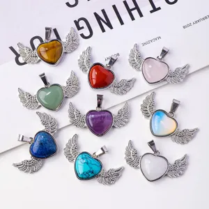 Natural crystal heart shaped angel wings pendant necklace fashion jewelry wholesale