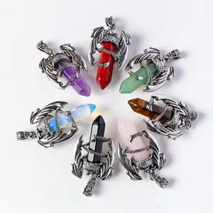 Natural crystal double terminated hexagonal prism dragon claw pendant necklace wholesale