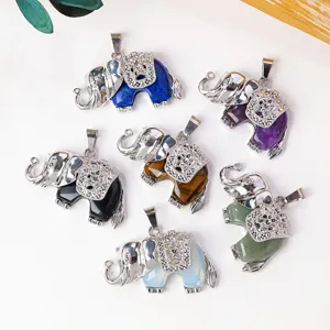 Natürlicher Kristall Edelstein Elefant Anhänger Legierung Halskette Modeschmuck Großhandel