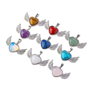 Natural gemstone heart angel wing pendant crystal necklace fashion jewelry wholesale items.