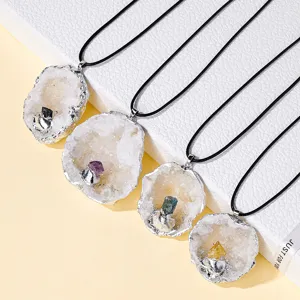 Natural crystal quartz geode pendant silver plated gemstone necklace jewelry main display
