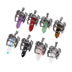 Natural crystal double terminated hexagonal prism flying dragon claw pendant necklace main view display