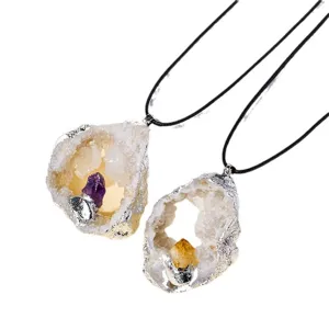 Natural raw crystal stone agate geode pendant with silver-plated rim necklace for jewelry wholesale