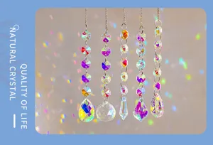 Crystal suncatcher detail showing multi-faceted prisms and sparkling rainbow light refractions.