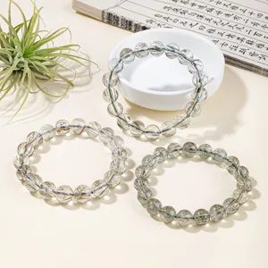 Natural green rutilated quartz gemstone beaded bracelet set single circle crystal jewelry