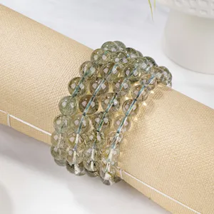 Natural green rutilated quartz crystal bead bracelet for men and women, gemstone jewelry.