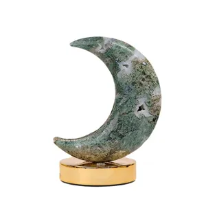 Luz de noche de luna de cristal de ágata musgosa verde natural USB lámpara