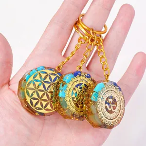 Natural Crystal Stone Orgone Pendant Keychain Life of Flower Om Sri Yantra Resin Energy Stone Car Bag Accessories Spiritual Gift