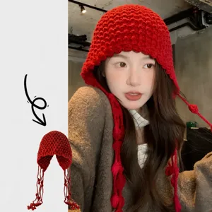 Women Winter Warm Knitted Beanie Hat Tassel Pom Pom Scarf Cap Casual Outdoor Travel Solid Color Fashion Headwear