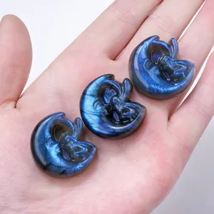 Natural Blue Flash Labradorite Moon Fairy Carving Natural Crystal Healing Stone Statue Ornament Home Office Decor Mystical Gift